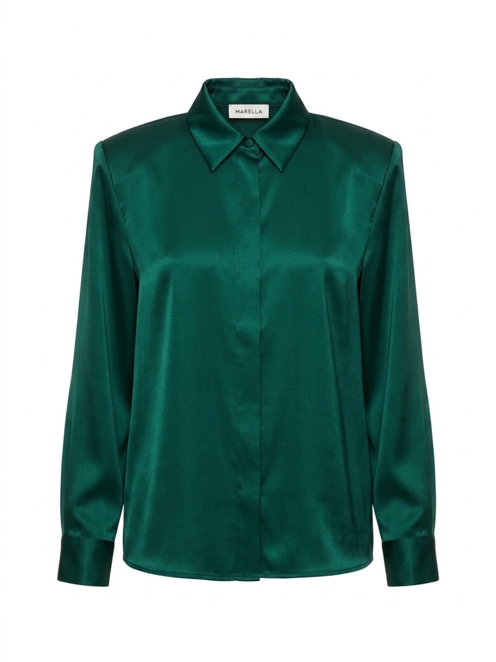 MARELLA Satin Emerald Green Button-Down Shirt Shoulder Pad Hidden Placket Size S